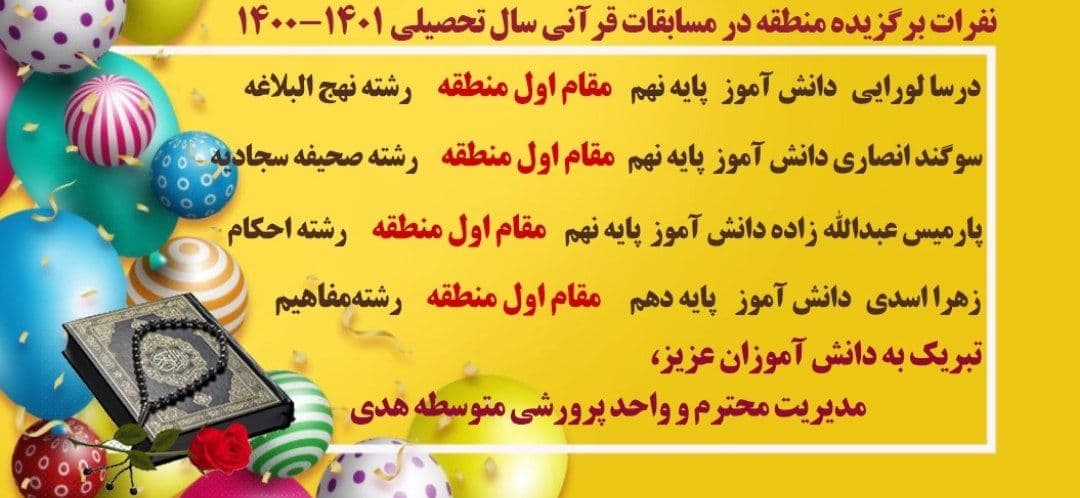 نفرات برگزیده منطقه در مسابقات استانی قرآن 1401-1400